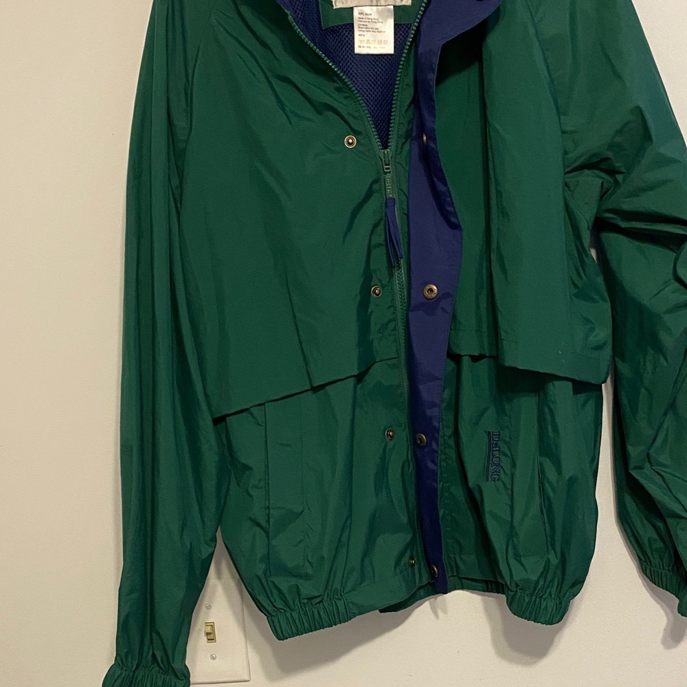 DeLong Green and Blue Jacket, hood in collar.  NWT